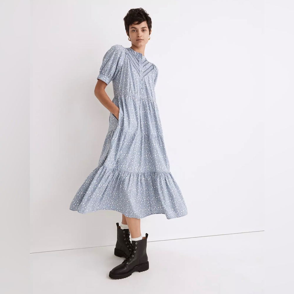 EUC Madewell Embroidered Puff-Sleeve Midi Dress in Cottage Garden size L